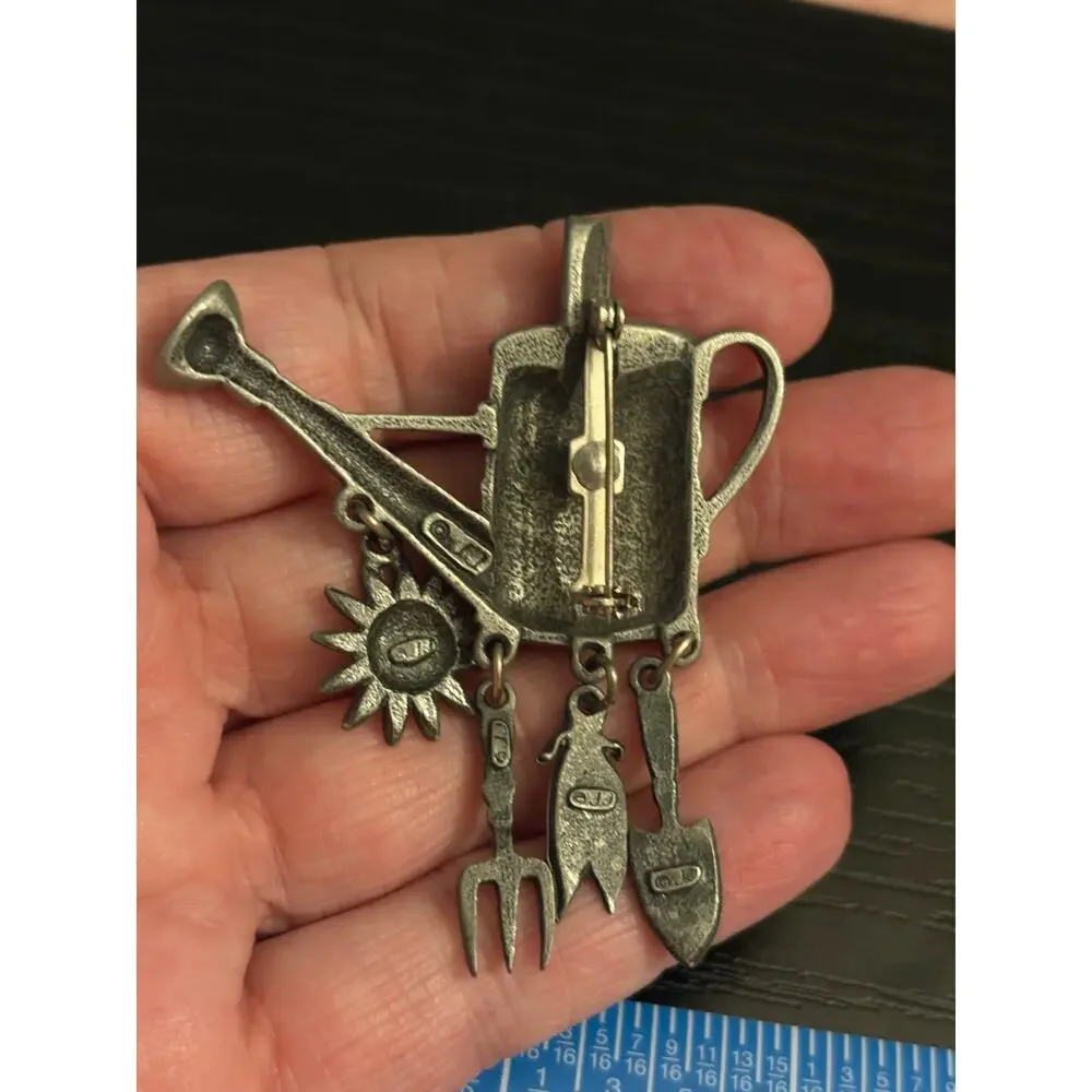 JJ Jonette Pewter Watering Can Brooch Garden Charm Dangles